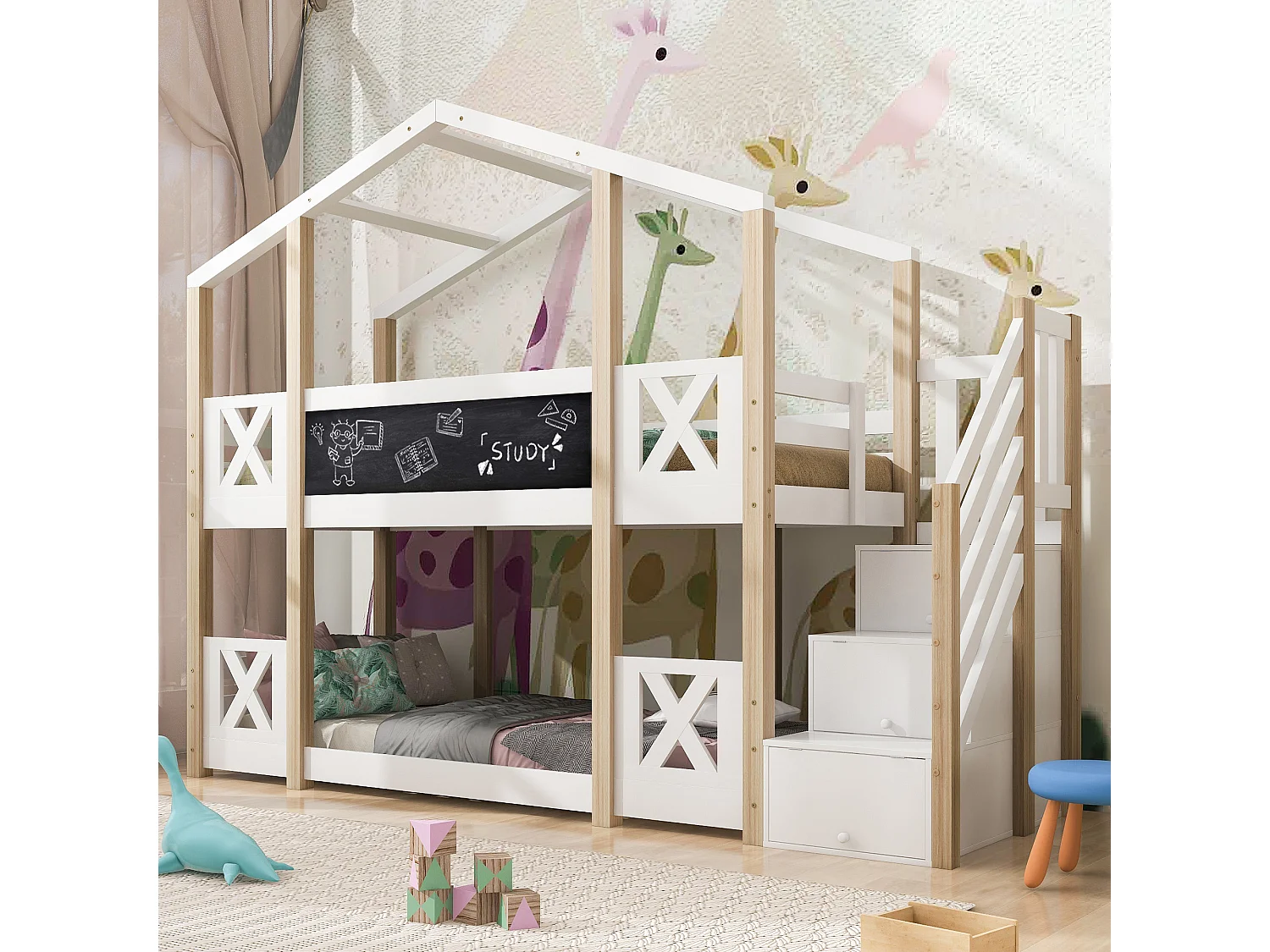 Lit Superposé 90x200 cm, Lit Cabane avec Étagères Escalier, Barrière de Sécurité, 2 Sommiers Inclus, Sans Matelas, Naturel et Blanc