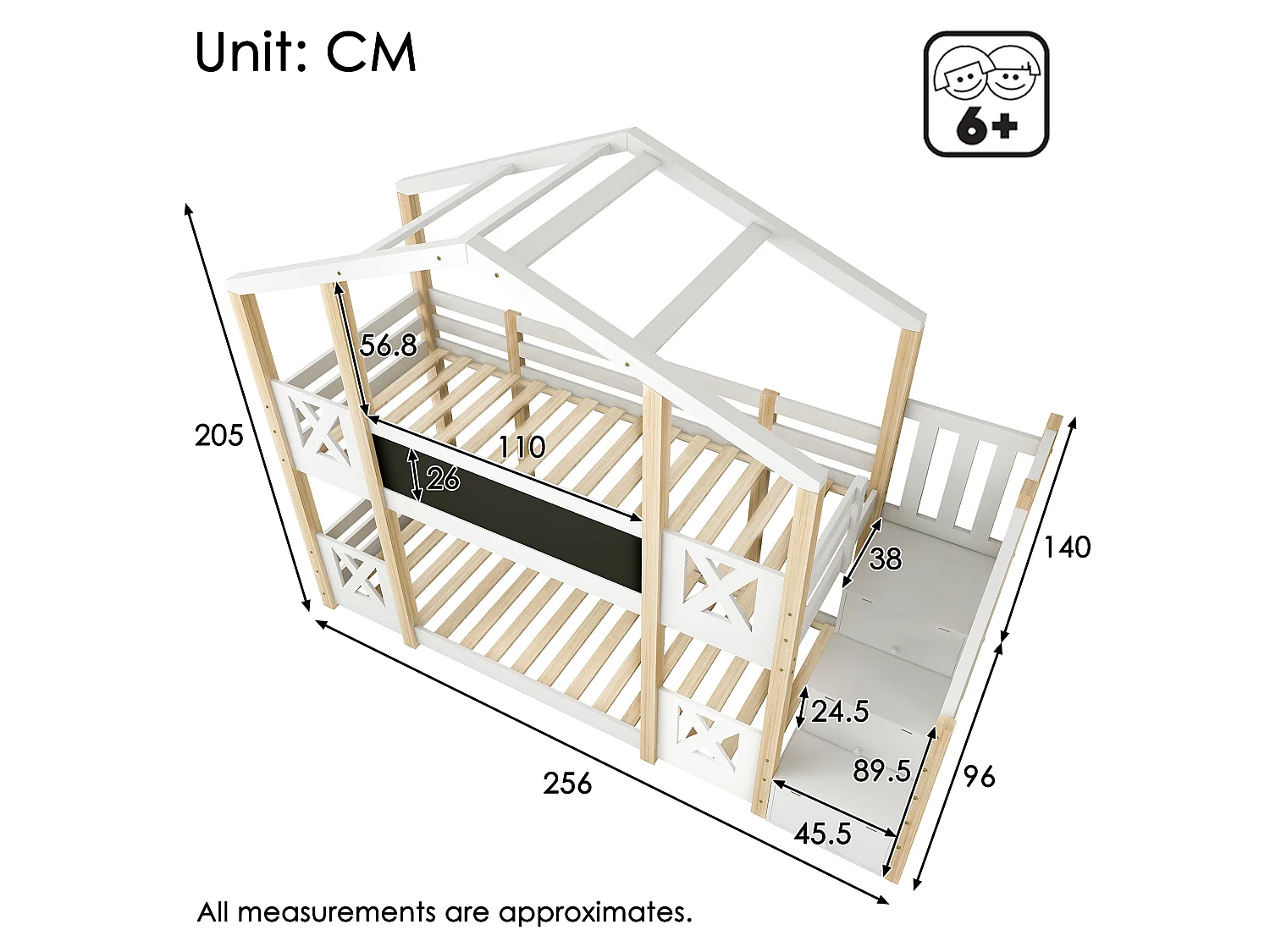 Lit Superposé 90x200 cm, Lit Cabane avec Étagères Escalier, Barrière de Sécurité, 2 Sommiers Inclus, Sans Matelas, Naturel et Blanc