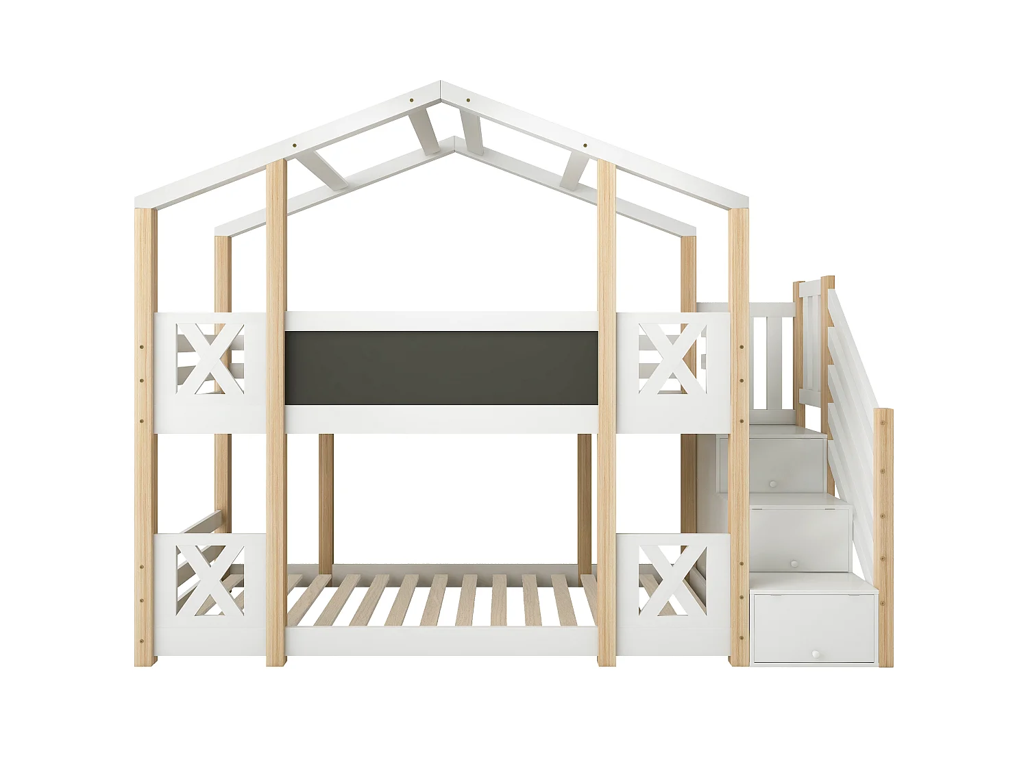 Lit Superposé 90x200 cm, Lit Cabane avec Étagères Escalier, Barrière de Sécurité, 2 Sommiers Inclus, Sans Matelas, Naturel et Blanc
