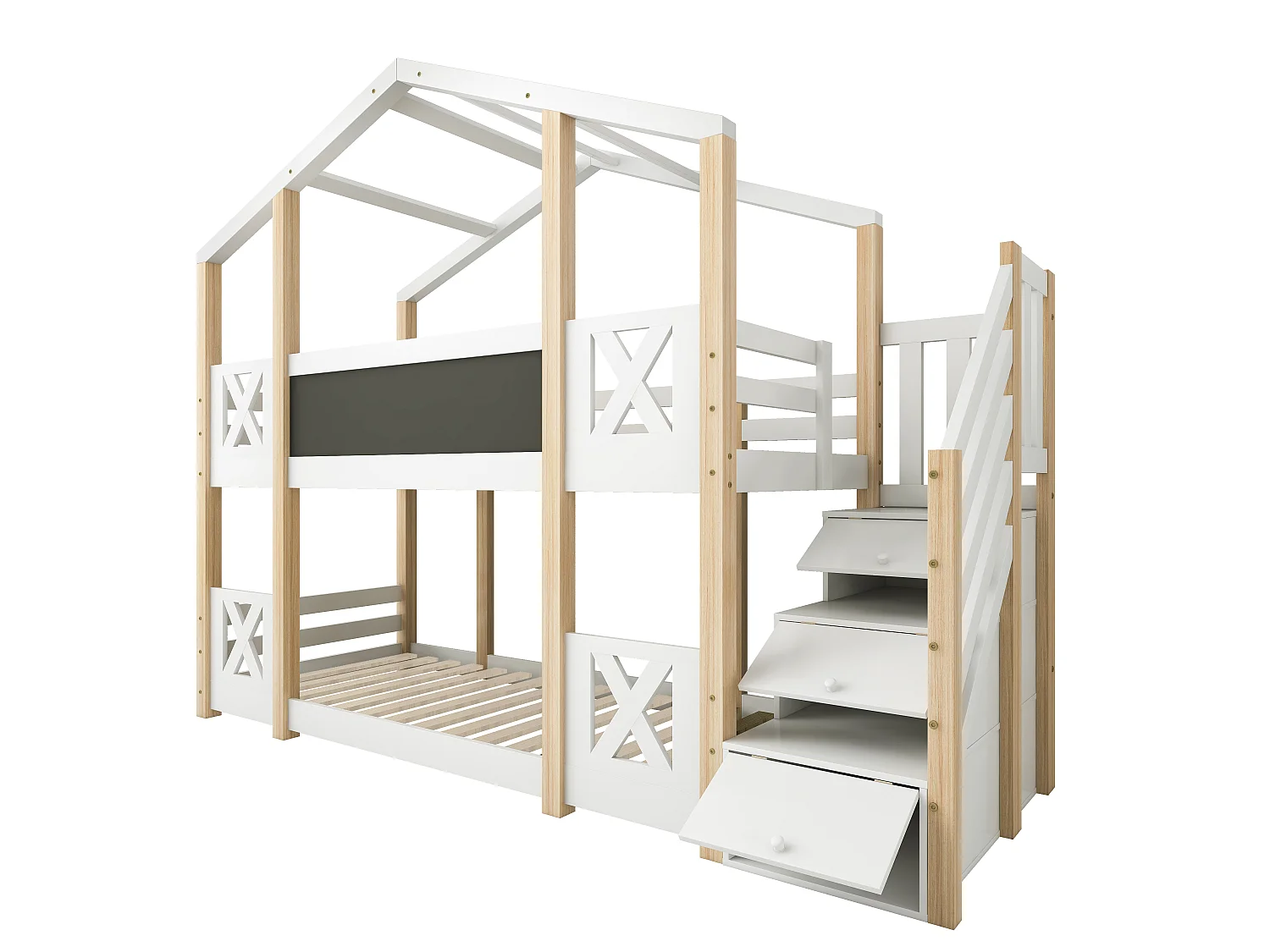 Lit Superposé 90x200 cm, Lit Cabane avec Étagères Escalier, Barrière de Sécurité, 2 Sommiers Inclus, Sans Matelas, Naturel et Blanc