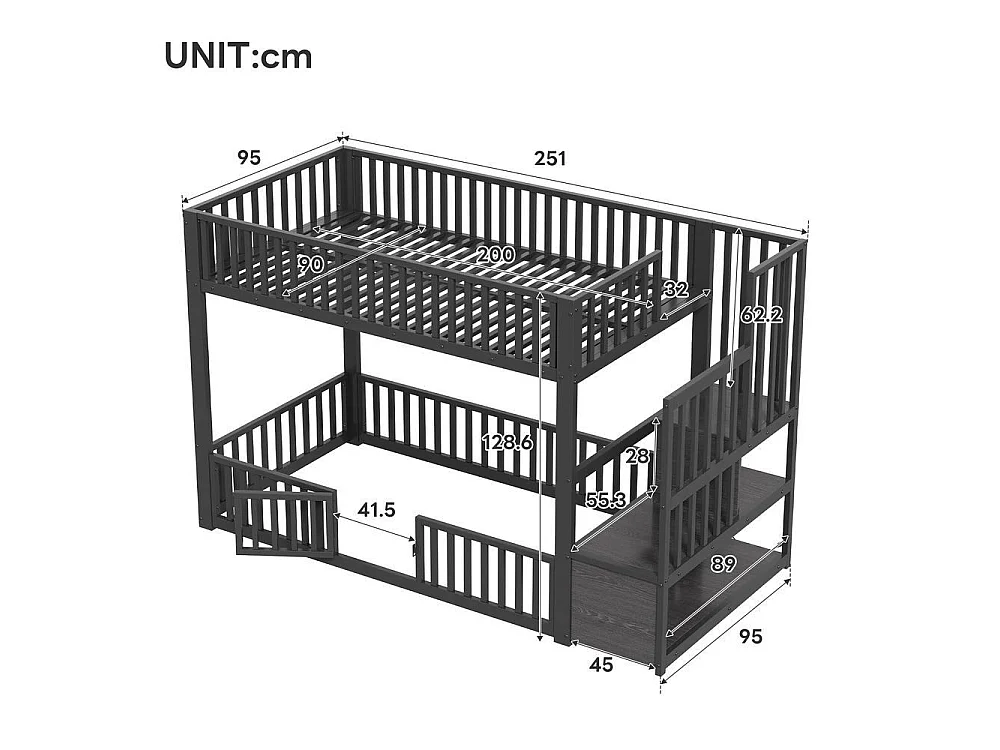Lit superposé 90x200 cm, avec escalier de rangement et LED, sécurisé, confortable, idéal pour enfant, noir