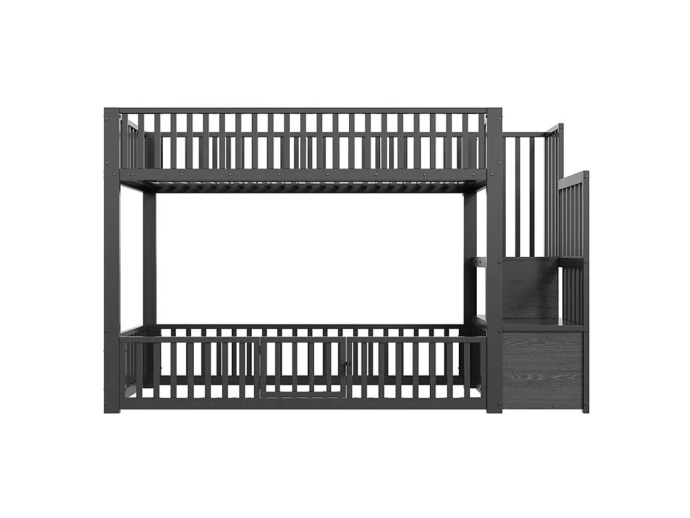 Lit superposé 90x200 cm, avec escalier de rangement et LED, sécurisé, confortable, idéal pour enfant, noir