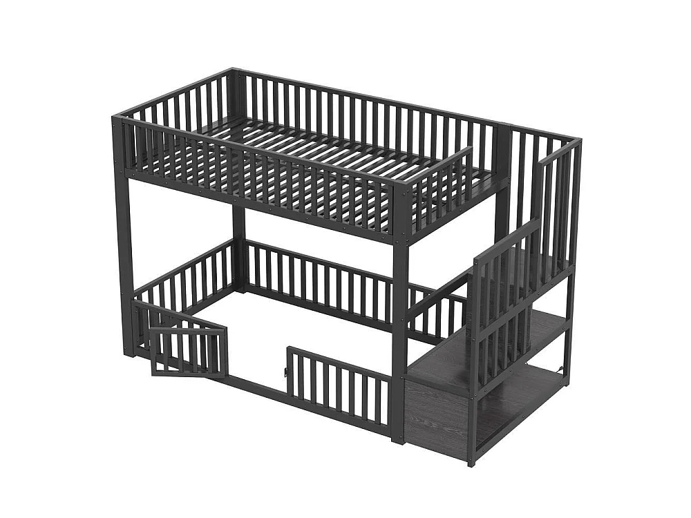 Lit superposé 90x200 cm, avec escalier de rangement et LED, sécurisé, confortable, idéal pour enfant, noir