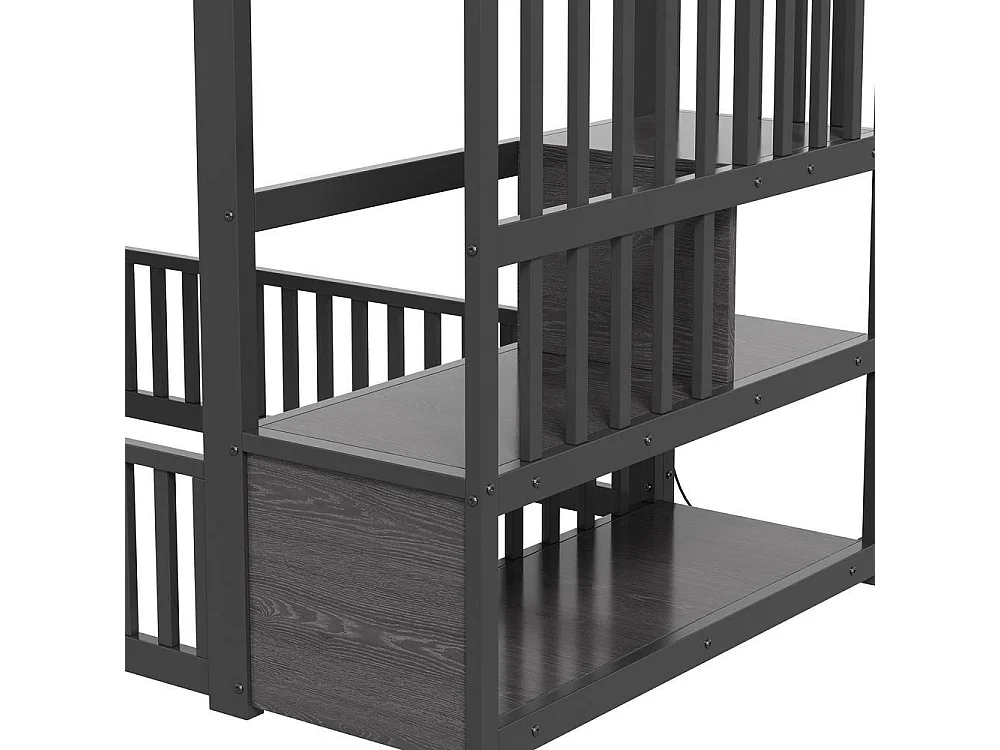Lit superposé 90x200 cm, avec escalier de rangement et LED, sécurisé, confortable, idéal pour enfant, noir