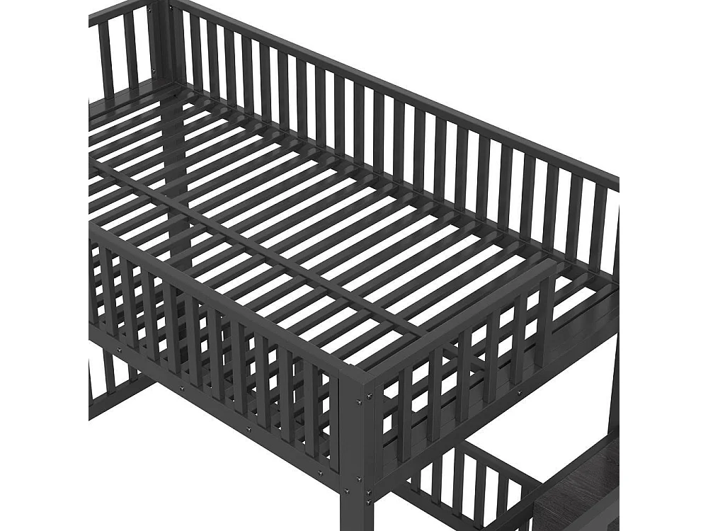 Lit superposé 90x200 cm, avec escalier de rangement et LED, sécurisé, confortable, idéal pour enfant, noir