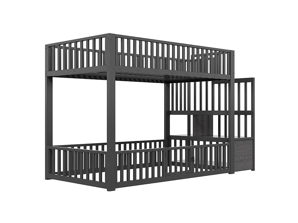 Lit superposé 90x200 cm, avec escalier de rangement et LED, sécurisé, confortable, idéal pour enfant, noir