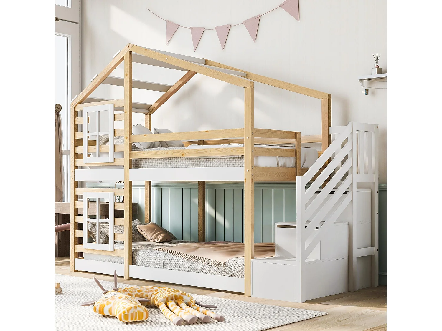 Lit superposé 90x200 cm, lit cabane avec fenêtres, escalier rangement, protection anti-chute, blanc et bois naturel