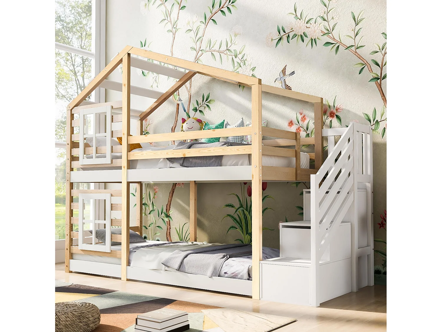 Lit superposé 90x200 cm, lit cabane avec fenêtres, escalier rangement, protection anti-chute, blanc et bois naturel