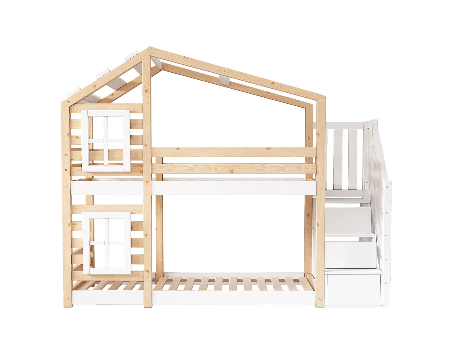 Lit superposé 90x200 cm, lit cabane avec fenêtres, escalier rangement, protection anti-chute, blanc et bois naturel