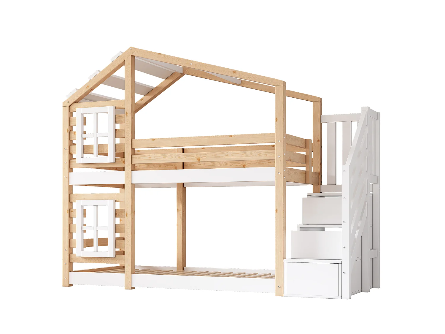 Lit superposé 90x200 cm, lit cabane avec fenêtres, escalier rangement, protection anti-chute, blanc et bois naturel