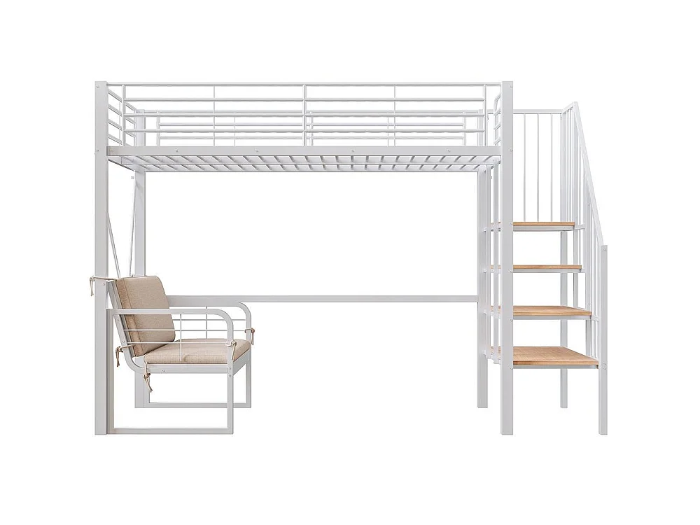 Lit superposé 90x200 cm, cadre métallique, canapé rembourré amovible, escalier sécurisé avec rangement, blanc