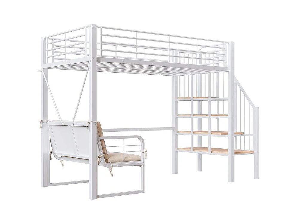 Lit superposé 90x200 cm, cadre métallique, canapé rembourré amovible, escalier sécurisé avec rangement, blanc