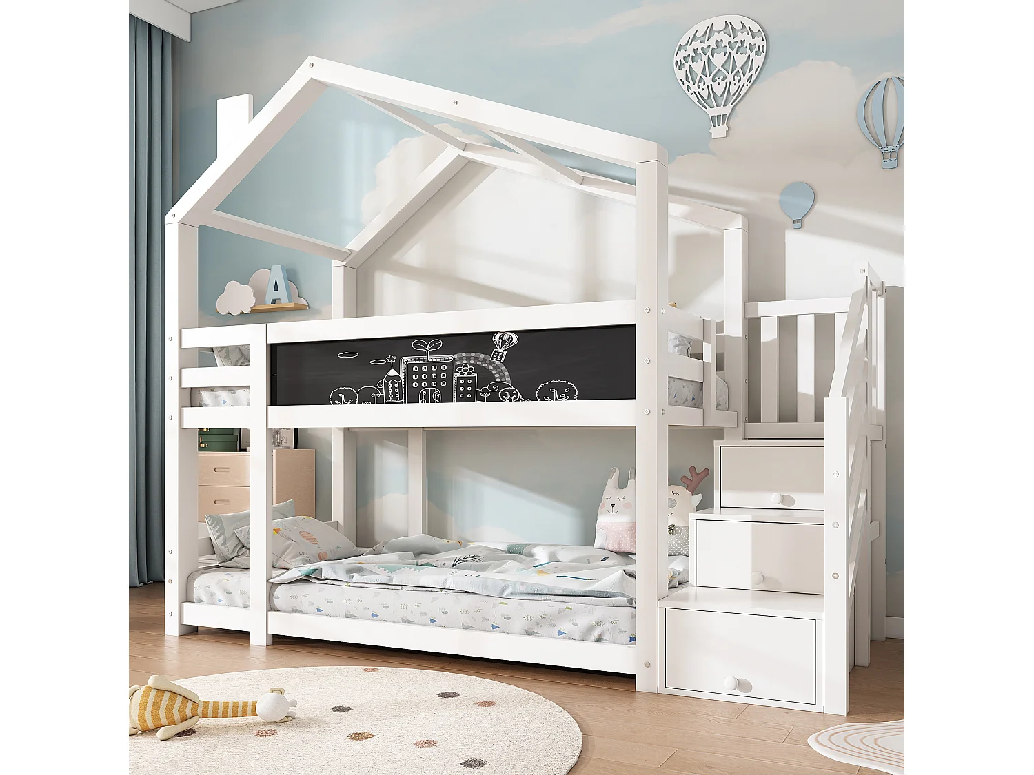 Lit Enfant Blanc 90x200, Maison Arbre Mezzanine, Tablette Crayon, 3 Rangements, Sans Matelas