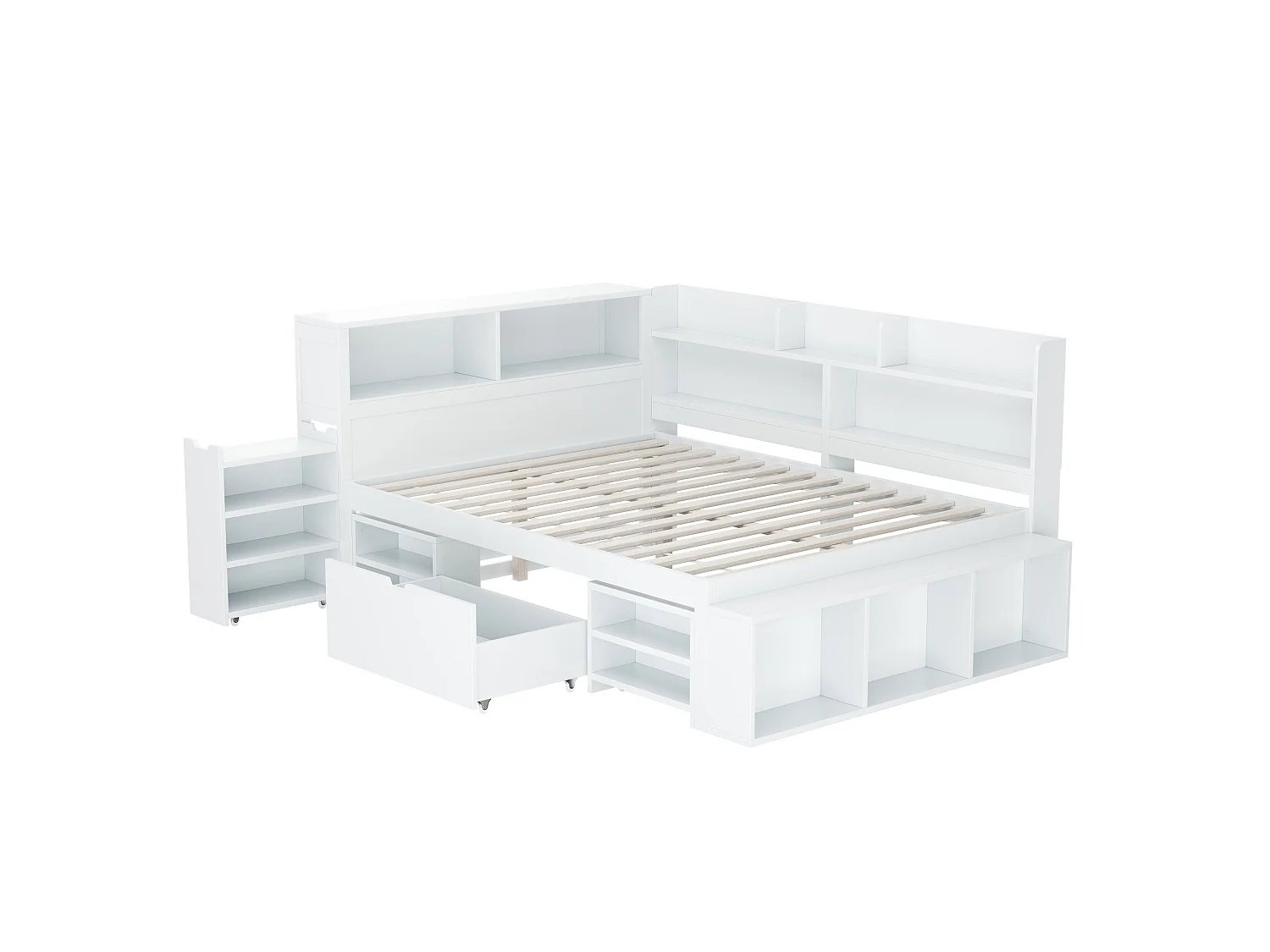 Lit Enfant 140x200 cm, Blanc, Multifonction, Tiroirs, Étagère, Armoire, Grand Rangement, Lattes, Sans Matelas, Montage