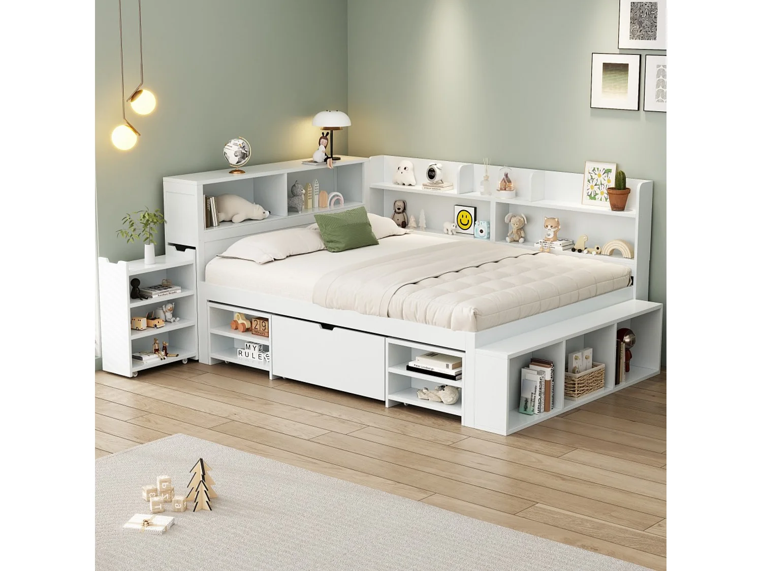Lit Enfant 140x200 cm, Blanc, Multifonction, Tiroirs, Étagère, Armoire, Grand Rangement, Lattes, Sans Matelas, Montage