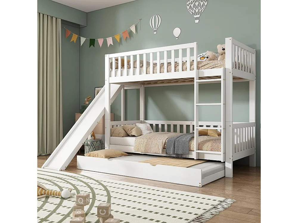 Lit superposé 90x200 cm avec lit tiroir 90x190, toboggan sûr, étagères intégrées, échelle droite, MDF et pin, blanc
