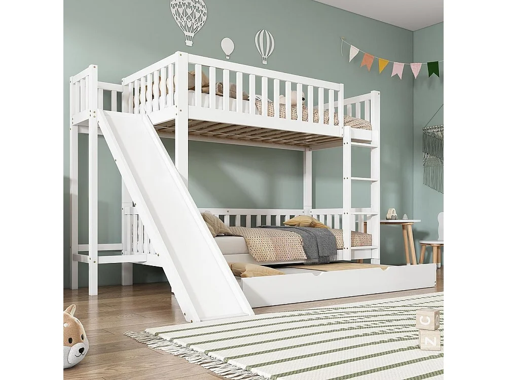 Lit superposé 90x200 cm avec lit tiroir 90x190, toboggan sûr, étagères intégrées, échelle droite, MDF et pin, blanc