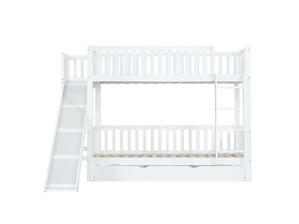 Lit superposé 90x200 cm avec lit tiroir 90x190, toboggan sûr, étagères intégrées, échelle droite, MDF et pin, blanc
