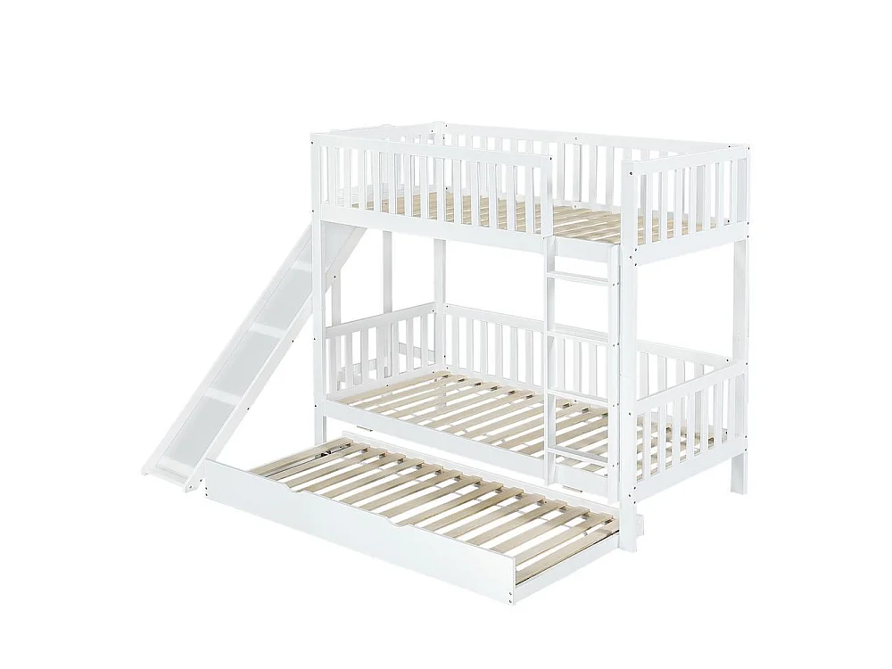Lit superposé 90x200 cm avec lit tiroir 90x190, toboggan sûr, étagères intégrées, échelle droite, MDF et pin, blanc