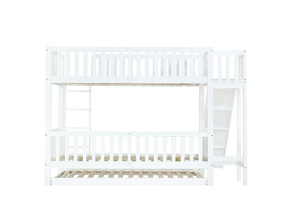 Lit superposé 90x200 cm avec lit tiroir 90x190, toboggan sûr, étagères intégrées, échelle droite, MDF et pin, blanc