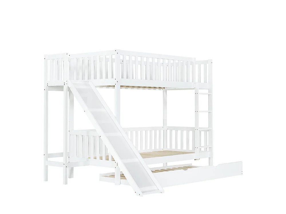 Lit superposé 90x200 cm avec lit tiroir 90x190, toboggan sûr, étagères intégrées, échelle droite, MDF et pin, blanc