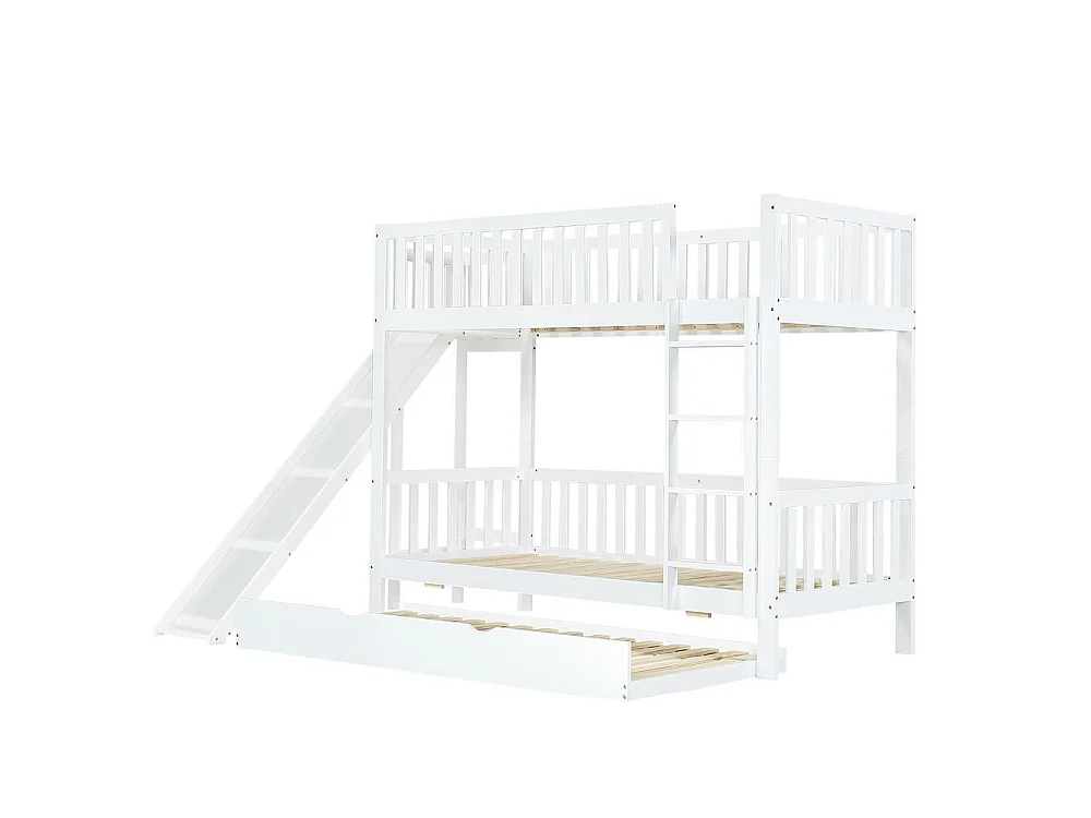 Lit superposé 90x200 cm avec lit tiroir 90x190, toboggan sûr, étagères intégrées, échelle droite, MDF et pin, blanc