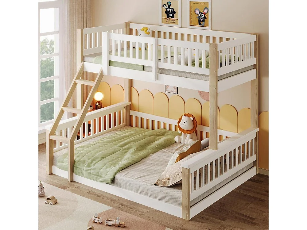 Lit superposé 90 x 200 cm et 140 x 200 cm bois massif échelle sécurisée garde-corps chambre enfant, blanc naturel