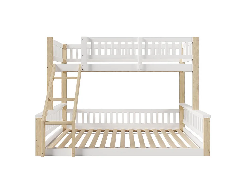 Lit superposé 90 x 200 cm et 140 x 200 cm bois massif échelle sécurisée garde-corps chambre enfant, blanc naturel