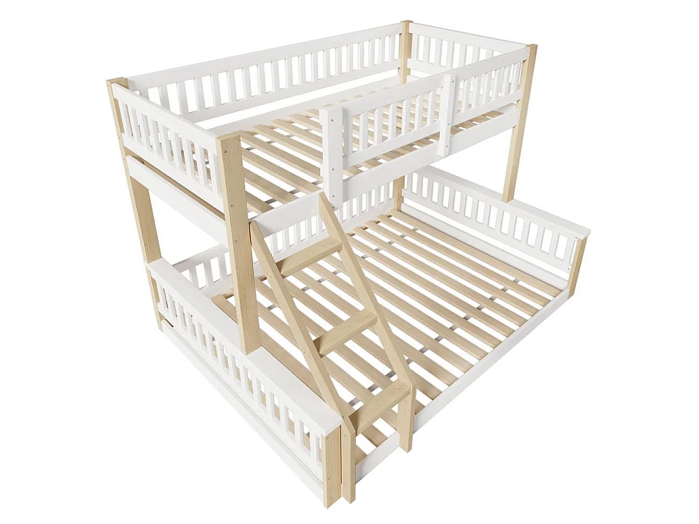 Lit superposé 90 x 200 cm et 140 x 200 cm bois massif échelle sécurisée garde-corps chambre enfant, blanc naturel