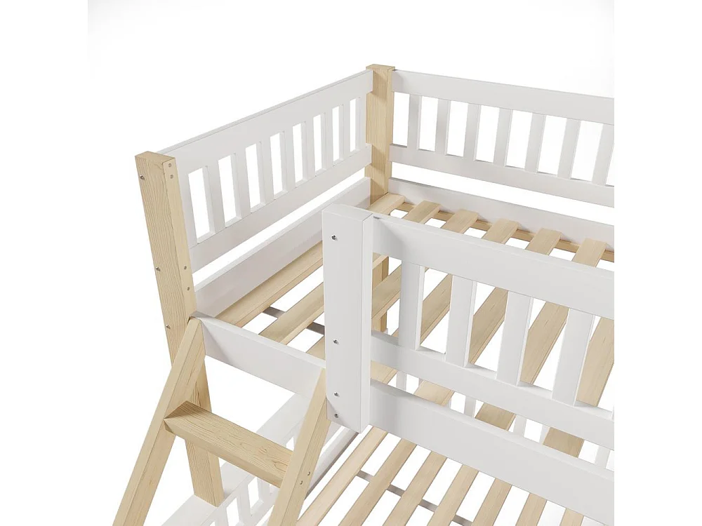 Lit superposé 90 x 200 cm et 140 x 200 cm bois massif échelle sécurisée garde-corps chambre enfant, blanc naturel