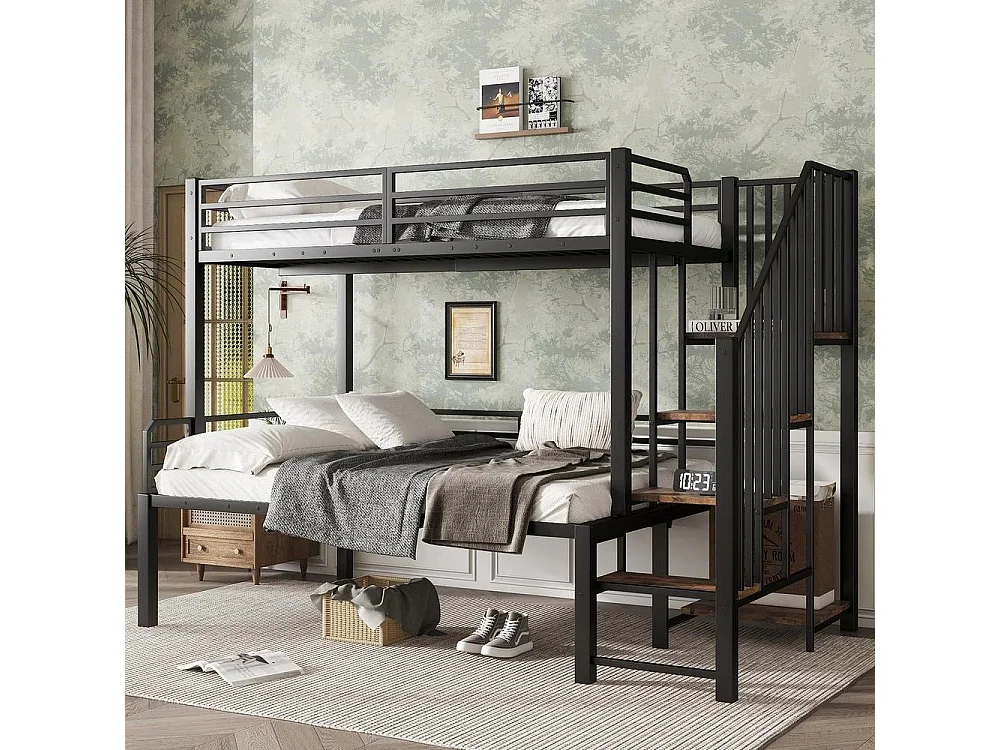Lit superposé métal 90x200 et 120x200 cm pour enfants, rangement d’angle, cadre robuste et bois vintage, noir