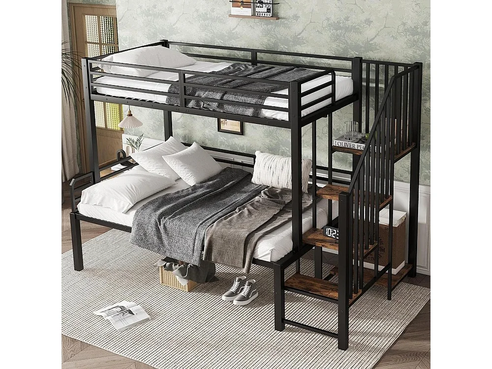 Lit superposé métal 90x200 et 120x200 cm pour enfants, rangement d’angle, cadre robuste et bois vintage, noir