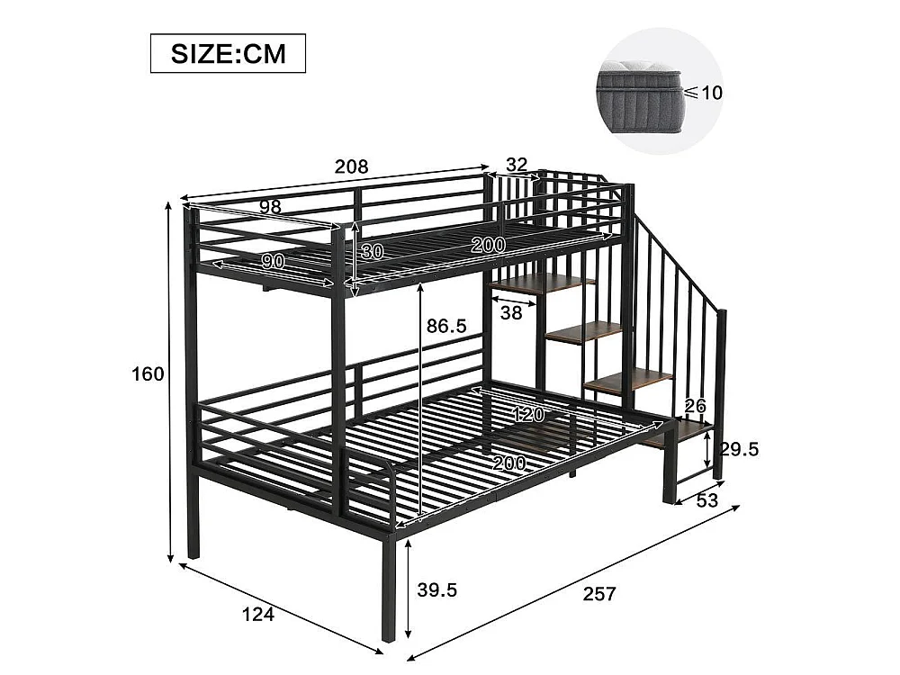 Lit superposé métal 90x200 et 120x200 cm pour enfants, rangement d’angle, cadre robuste et bois vintage, noir