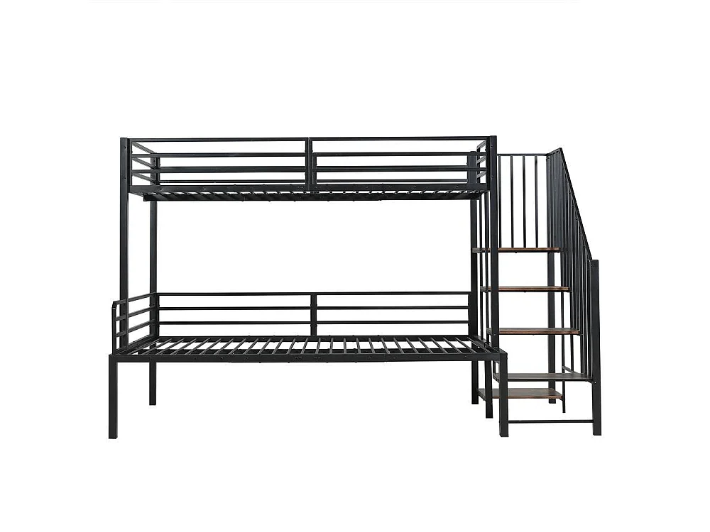 Lit superposé métal 90x200 et 120x200 cm pour enfants, rangement d’angle, cadre robuste et bois vintage, noir