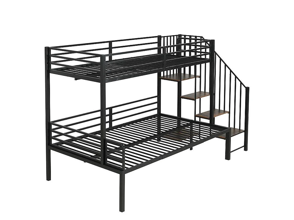 Lit superposé métal 90x200 et 120x200 cm pour enfants, rangement d’angle, cadre robuste et bois vintage, noir
