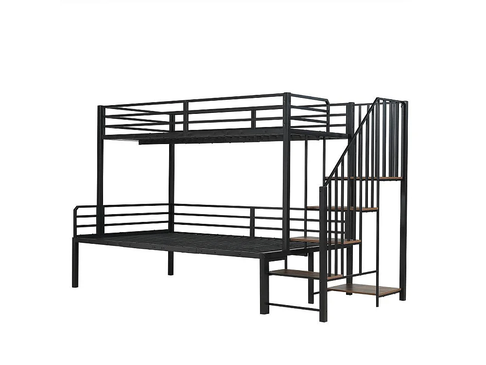 Lit superposé métal 90x200 et 120x200 cm pour enfants, rangement d’angle, cadre robuste et bois vintage, noir