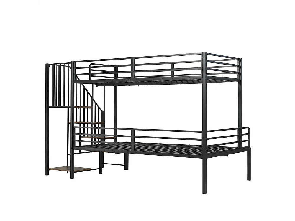 Lit superposé métal 90x200 et 120x200 cm pour enfants, rangement d’angle, cadre robuste et bois vintage, noir