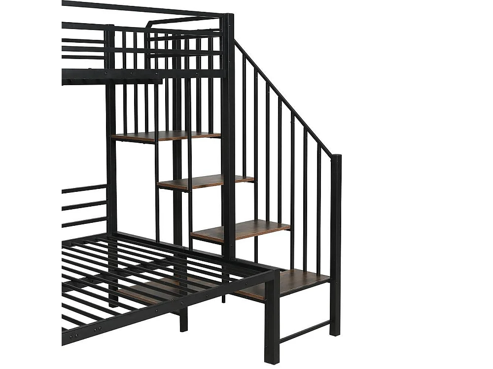 Lit superposé métal 90x200 et 120x200 cm pour enfants, rangement d’angle, cadre robuste et bois vintage, noir