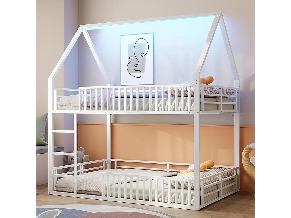 Lit superposé maison 140x200 cm, barrière, LED, sécurisé, bois, confortable et robuste idéal pour enfant, blanc