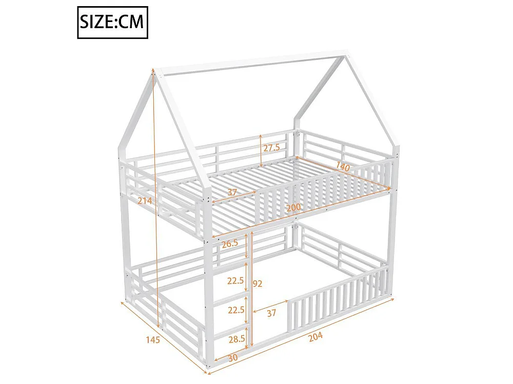 Lit superposé maison 140x200 cm, barrière, LED, sécurisé, bois, confortable et robuste idéal pour enfant, blanc