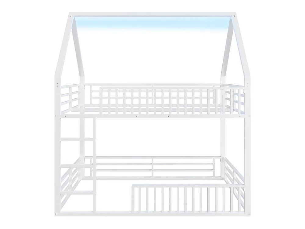 Lit superposé maison 140x200 cm, barrière, LED, sécurisé, bois, confortable et robuste idéal pour enfant, blanc
