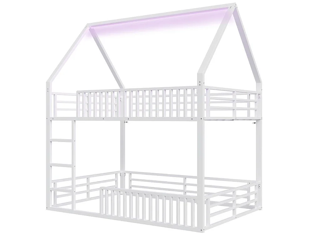 Lit superposé maison 140x200 cm, barrière, LED, sécurisé, bois, confortable et robuste idéal pour enfant, blanc