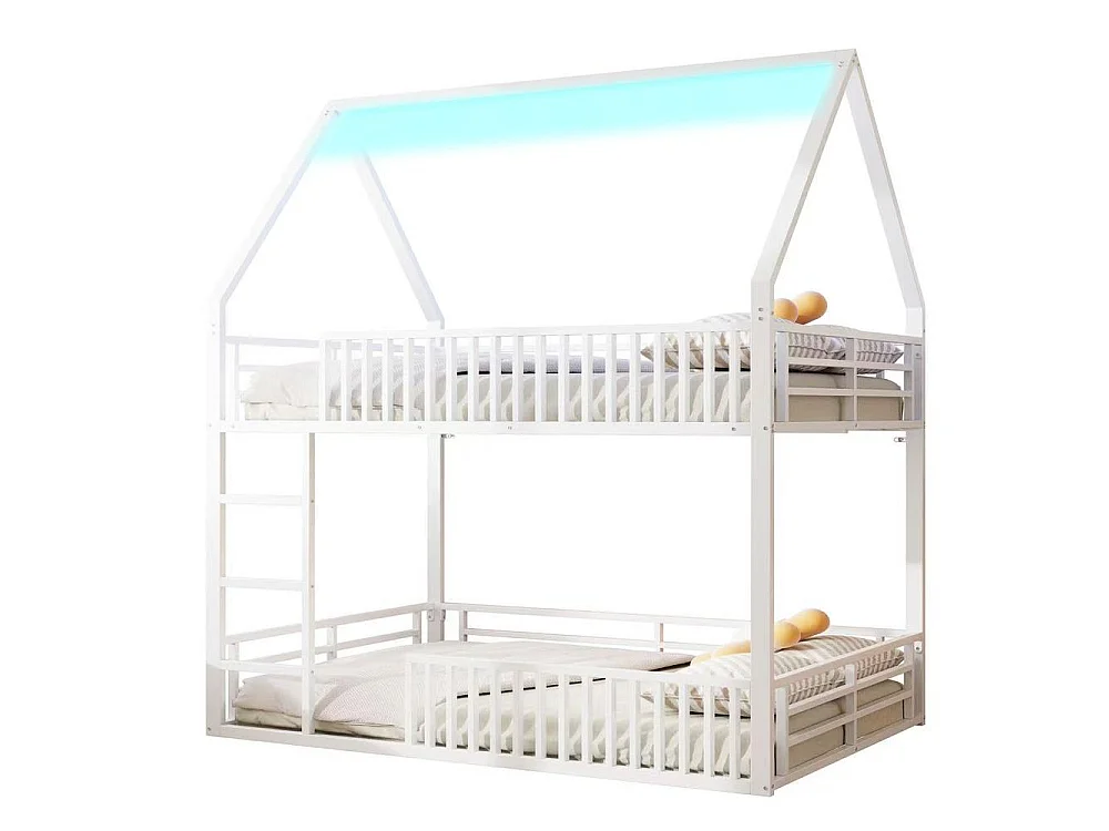 Lit superposé maison 140x200 cm, barrière, LED, sécurisé, bois, confortable et robuste idéal pour enfant, blanc