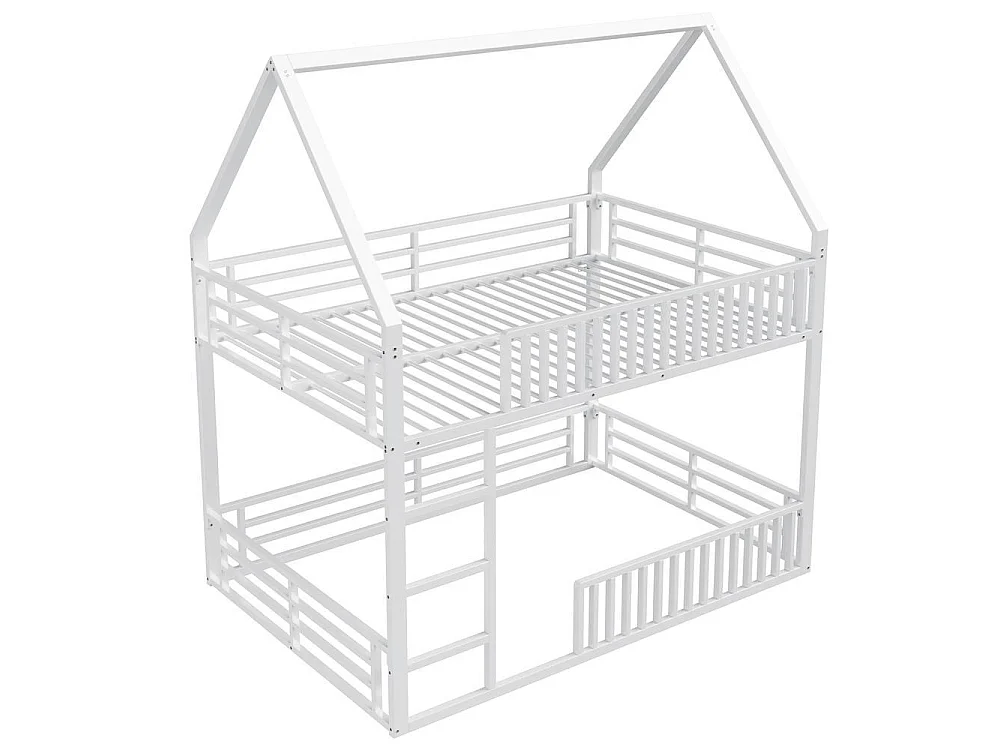 Lit superposé maison 140x200 cm, barrière, LED, sécurisé, bois, confortable et robuste idéal pour enfant, blanc