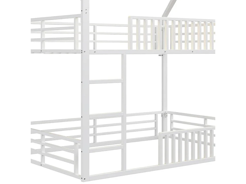 Lit superposé maison 140x200 cm, barrière, LED, sécurisé, bois, confortable et robuste idéal pour enfant, blanc