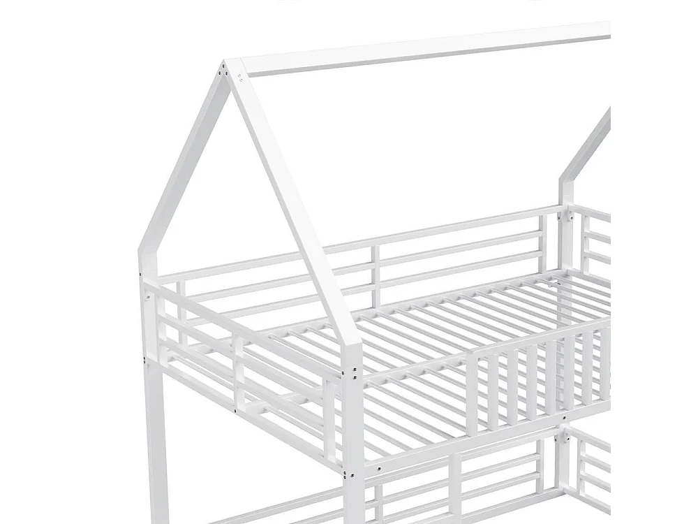 Lit superposé maison 140x200 cm, barrière, LED, sécurisé, bois, confortable et robuste idéal pour enfant, blanc