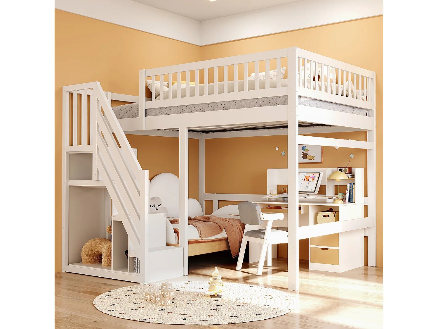 Lit Superposé Bois Massif 140x200 cm avec Escalier Rangement, Haute Barrière Sécurité, Lit Enfant Adolescent, Gain de Place, Blanc