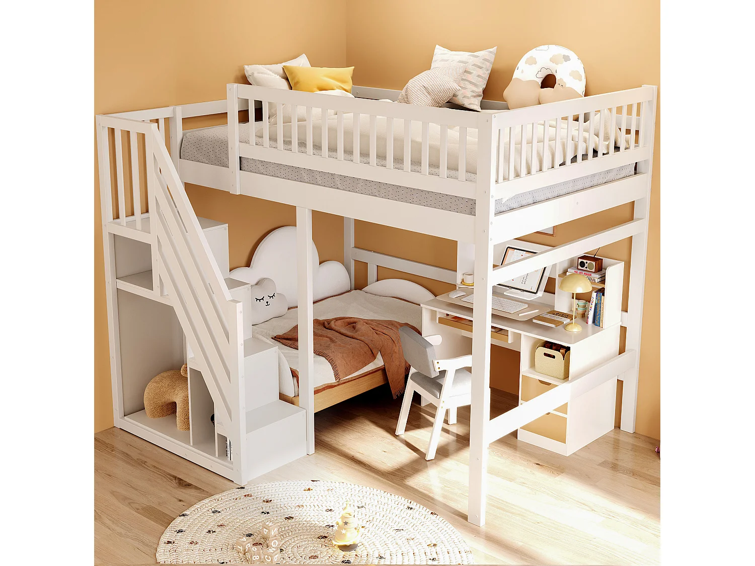Lit Superposé Bois Massif 140x200 cm avec Escalier Rangement, Haute Barrière Sécurité, Lit Enfant Adolescent, Gain de Place, Blanc