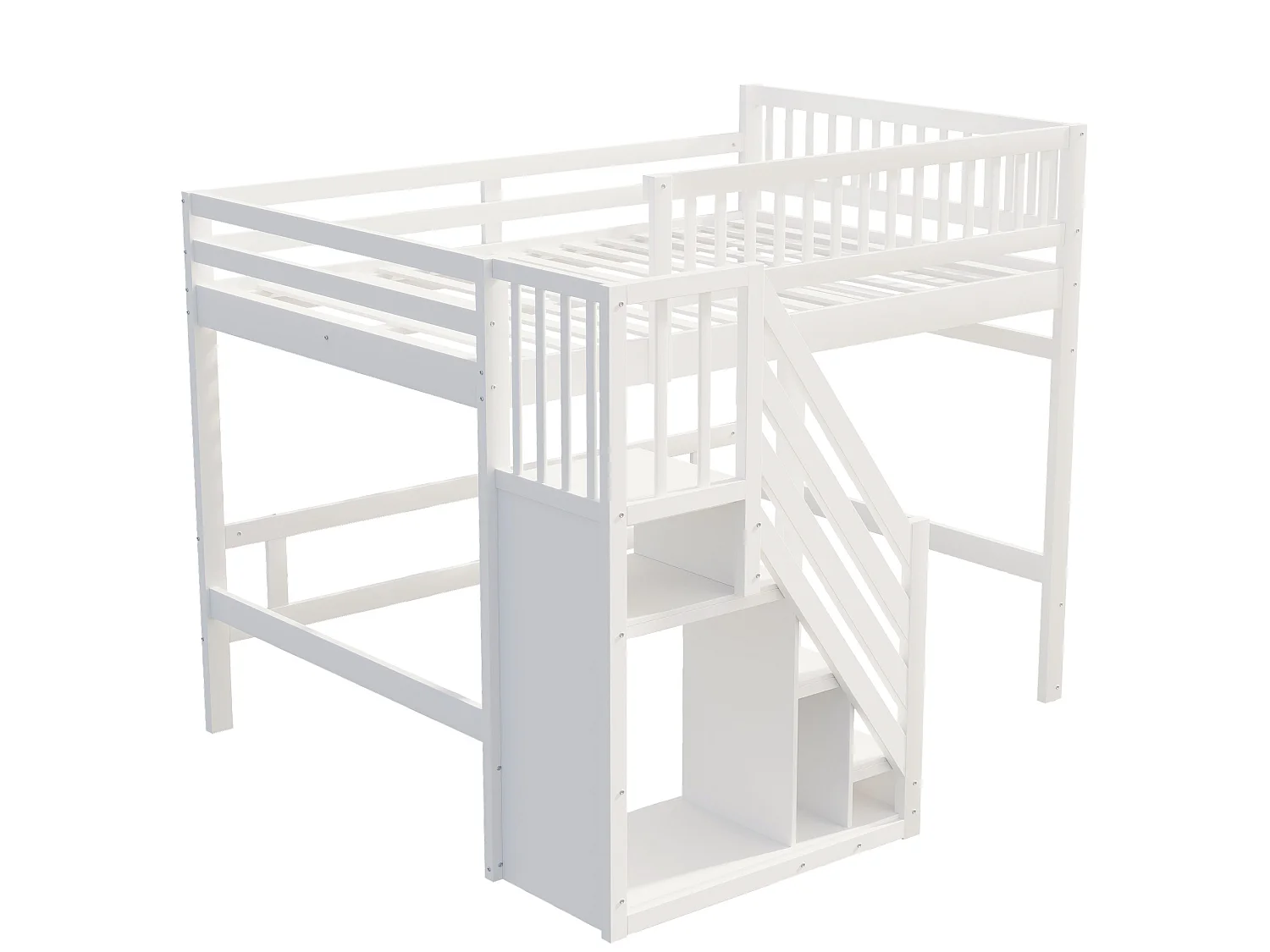 Lit Superposé Bois Massif 140x200 cm avec Escalier Rangement, Haute Barrière Sécurité, Lit Enfant Adolescent, Gain de Place, Blanc