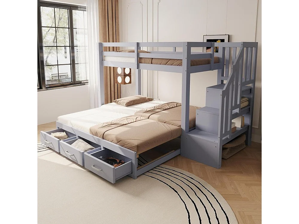 Lit superposé 90x200 cm, lit gigogne 90/180x190, escalier rangement, tiroirs, sommier lattes, bois robuste, gris
